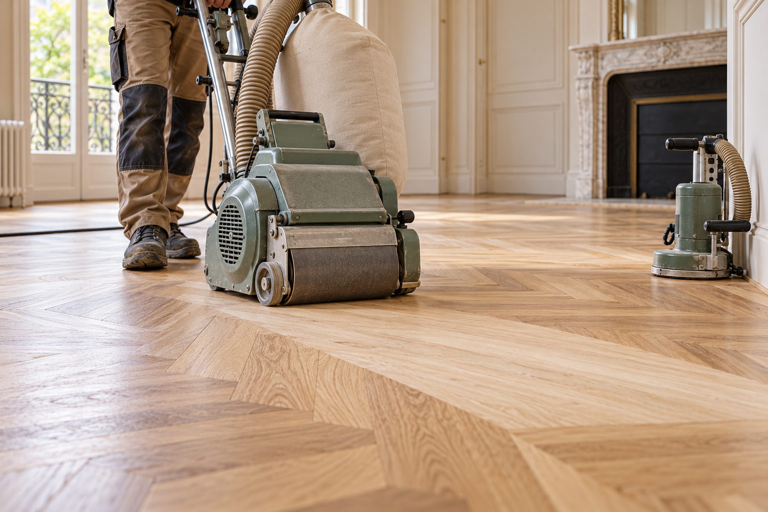 Illustration de machines de ponçage et de bordure sur un parquet