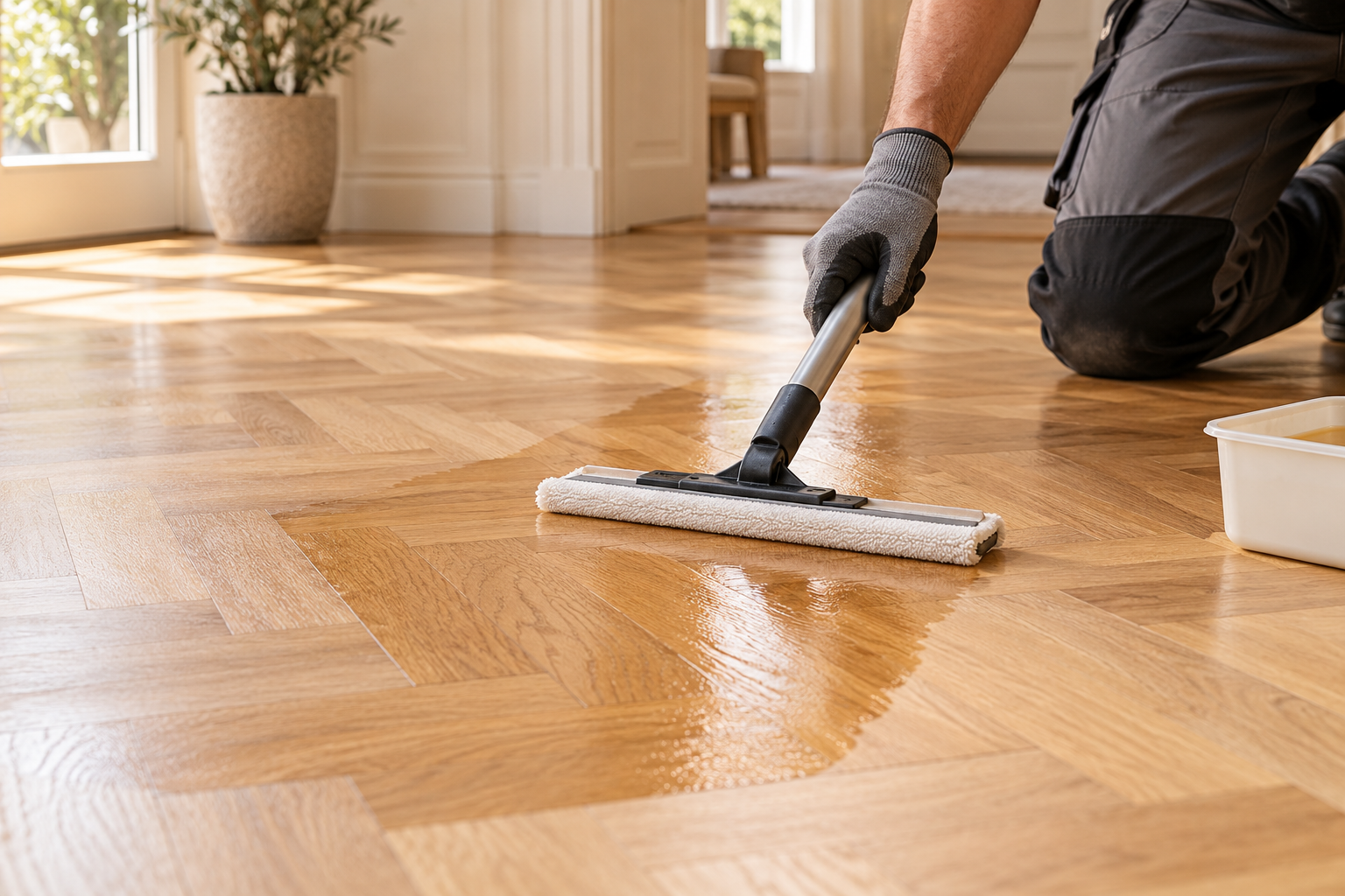 Illustration de l’application d’une finition sur du parquet